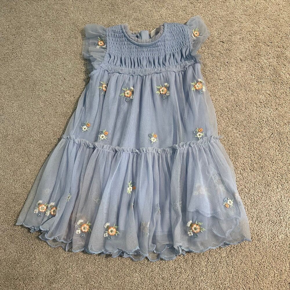M&S Blue Tulle Floral Tiered Special Occasion Toddler Girl Dress 2-3 Years EUC